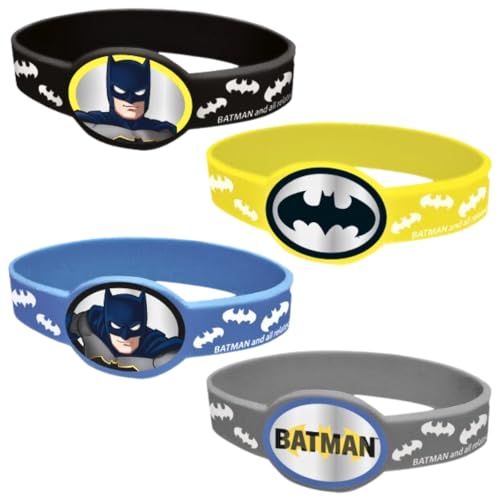 Unique Party Batman Lot de 4 bracelets en silicone, 77531, Jaune, Bleu, Gris, Noir