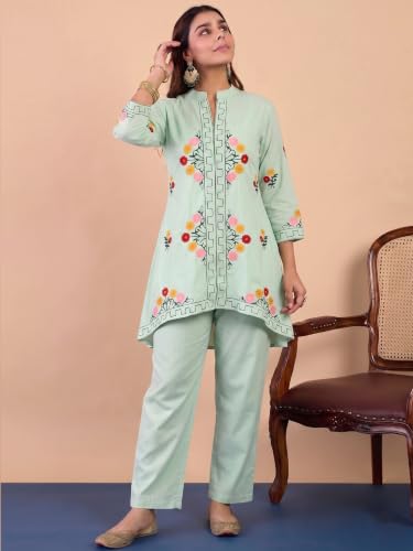 Image of ANNI Designer Women Kurta Set | Cotton Embroidered A-Line Kurta with Pant Co-ord Set | 3 /4 Sleeve Mandarin Collar Kurti Set for Women | Daily Office Party Wedding Ethnic Suit