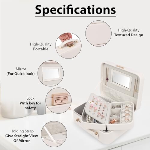 Image of BUCKETLIST PU Leather Jewellery Organizer Box with Mirror & Necklace Hooks | Large Multi-Compartment Jewelry Storage Case with Removable Tray & Mini Travel Box (Luxury Jewelry Box with Mirror (White)