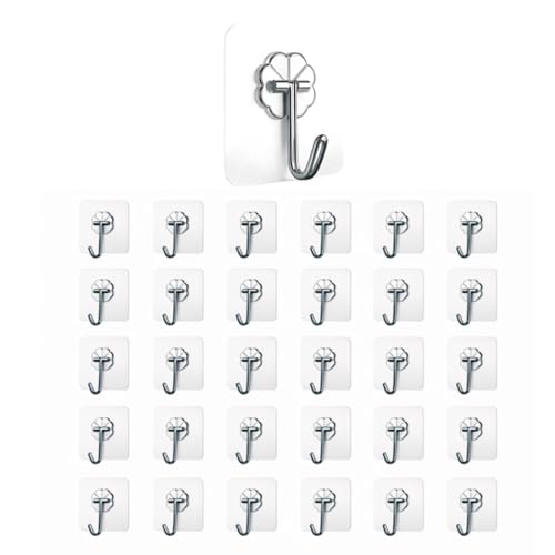 Image of CERLINK Self Adhesive Wall Hooks 30 Pack | Heavy Duty Transparent Sticky Hooks for Wall | No Drill, Waterproof, Strong Hold Hooks for Kitchen, Bathroom & Home (Pack of 30)