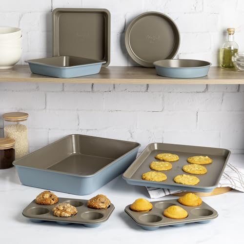 Goodful All-In-One Nonstick Bakeware Set, Stackable and Space Saving Design includes Round and Square Pans, Muffin Pans, Cookie Sheet and Roaster, Dishwasher Safe, 8-Piece, Blue Mist - Thumbnail 7