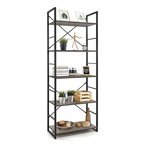 Image of CAPHAUS 5 Tier Bookshelf, 24 Inch Width Free Standing Shelf, Bookcase Shelf Storage Organizer, Industrial Book Shelves for Home Office, Living Room, Kitchen, Dark Grey Vintage Shelves & Metal Frame