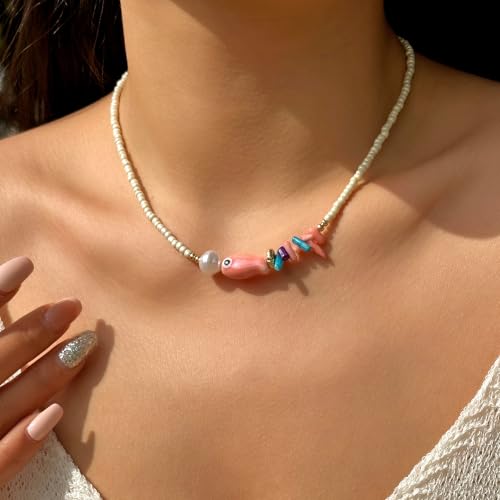 RINHOO FRIENDSHIP Ceramic Fish Necklace Toggle Boho Beachy Hawaiian Colorful Beads Summer Choker Delicate Fish Necklace for Women Men (Pink) — view 3