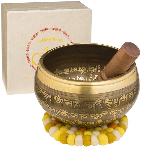 XXL Klangschale 800g - 15cm. Große Tibetische Klangschalen Set mit Klöppel und Klangschalenkissen in Loktapapier Geschenk-Box. Singing Bowl aus Tibet