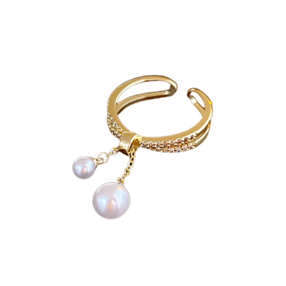 Dangle Pearl Cross Open Statement Ring for Women Cubic Zirconia Adjustable Layered Finger Band Threader Tassel Chian Engagement Promise Rings Dainty