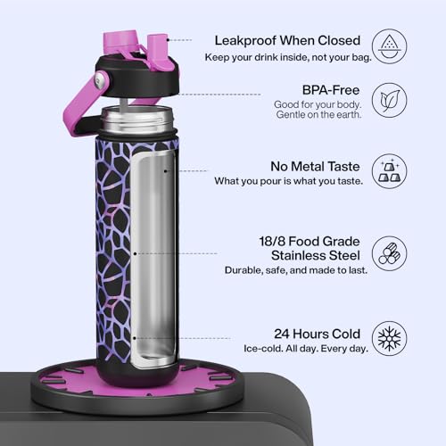Image of ENCOOL Insulated Water Bottle with Straw Stainless Steel Water Bottle, Glow in the Dark, Leak-Proof, BPA-Free, Keeps Cold for 24 Hours for Sports, Travel, School (26 oz, Bubble)