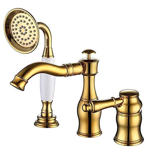 OZBMA Shower Set Basin Faucet European Antique Copper Split Pull Shampoo Three-Piece Suit Bathroom Taps (Color : Metallic) (Gold)