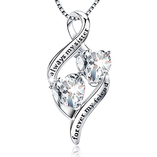 MUATOGIML 925 Sterling Silver Always My Sister Forever My Friend Infinity Double Love Heart Pendant Necklace, Sister Gifts Jewelry