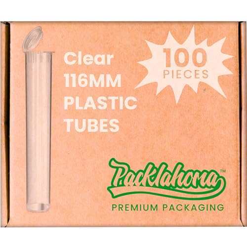 Packlahoma 100 Pack 116mm Tubes Black King Size - Plastic Pop Top Tubes with Squeeze Cap - Airtight, Waterpoof and Child Proof Container (100 Count) (Clear 116mm 100Pack)