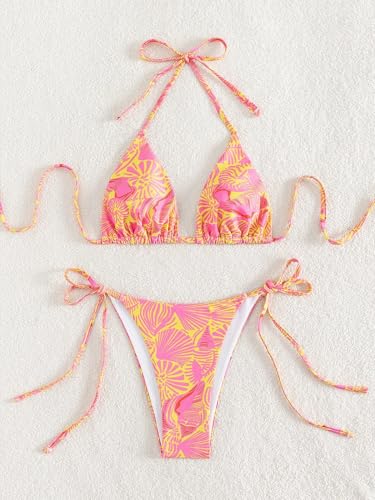 Image of ZAFUL Womens Printed Triangle Bikinis 2 Piece Halter Bikini Sets High Cut Bathing Suit Side Tie Swimsuits