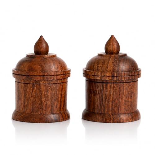 Image of Rosewood Sindoor Dani Kumkum Box Set of 2 for Pooja & Bridal Use | Handmade Wooden Kumkum Dibbi with Lid | Natural Wood Grain Finish | Small Decorative Storage Container | dibbi001