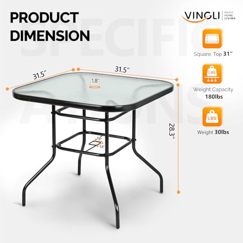 Image of VINGLI Glass Patio Table with Umbrella Hole, 32 inch Square Outdoor Dining Table Steel Tempered Glass Patio Tables Outdoor Tables for Balcony Garden Deck