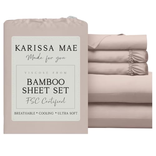 Image of KARISSA MAE Luxury Bamboo Viscose Split King Size Sheet Set, FSC Certified | Includes 2 Twin XL Fitted Sheets | Sleep Number & Adjustable Bed | Cooling | 18 inch Deep Pocket w / Corner Straps [Dusty Rose]