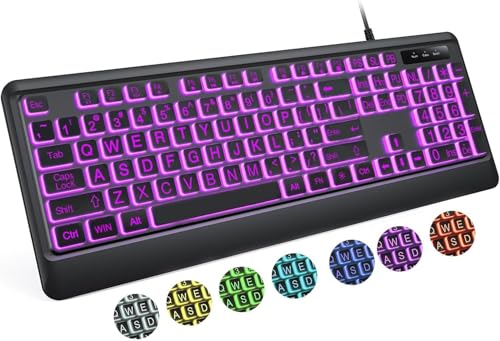 BERGUF Backlit Computer Keyboards, Wired USB LED Keyboard with 7 Colors Backlight, Plug and Play, Waterproof, Full Size Quiet Computer Keyboard for Windows Desktop, PC, Laptop, Gaming (Black, Large)