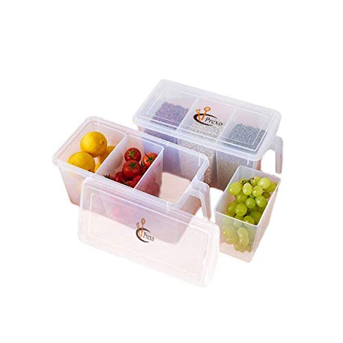 Prexo Fridge Storage Pack of 1 Refrigerator Organizer Container Square Handle Food Storage Organizer Boxes – Clear with Lid, Handle and 3 Smaller Bins