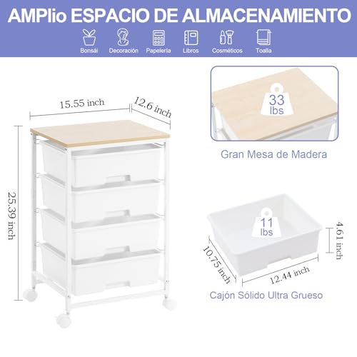Miniatura 3 de Sykiariol Carro Con Ruedas De 4 Cajones, Carrito De Almacenamiento Multiusos Con Ruedas Con Tablero De Madera, Carrito Con Ruedas Para Cocina, Salón, Dormitorio, Fácil Movimiento, Gran Capacidad, 4