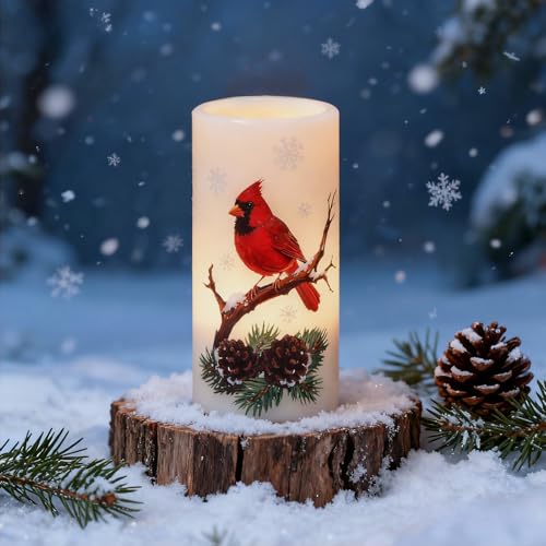 Image of Eldnacele Christmas Cardinal Flameless Candles Battery Operated with Remote and Timer Real Wax Flickering LED Pillar Candles Winter Holiday Indoor Decor(2 Pack, 3 inch D x 6 inch H)