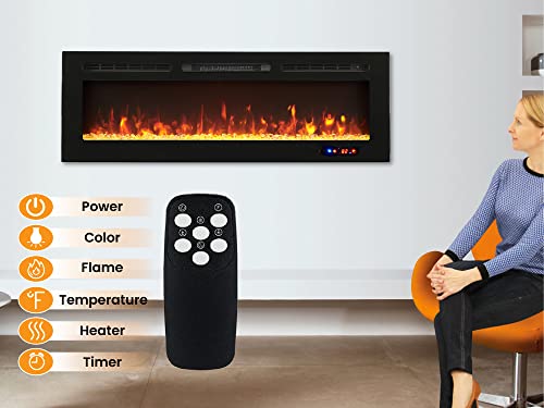 Naomi Home Kimball Electric Fireplace Wall Mounted Fire Place Led Fireplace Heater With Carbob Log & Crystal Stone Effect 5 Brightness Levels 9 Flame Colors Remote Timer Black, 50 Inch #TOP7