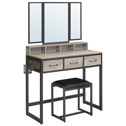 VASAGLE Tavolo da toilette con specchio pieghevole in 3 pezzi, supporto per asciugacapelli, tavolo cosmetico con sgabello imbottito, 3 cassetti, design industriale, Greige e nero RVT004B02