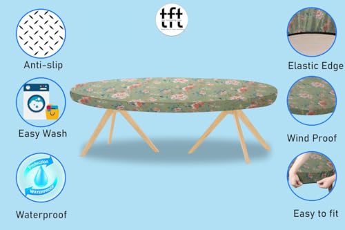 Image of The Furnishing Tree Elastic Cotton Oval Dining Table Cover 30x48 in Inches Floral Multicolor on Greenish Base