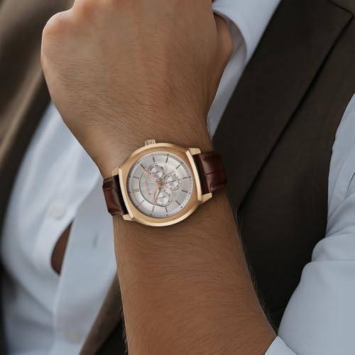 Image of Titan Regalia Arc Analog with Day Date Second Subdial and Silver Dial Brown Leather Strap Watch for Men - 90213WL01