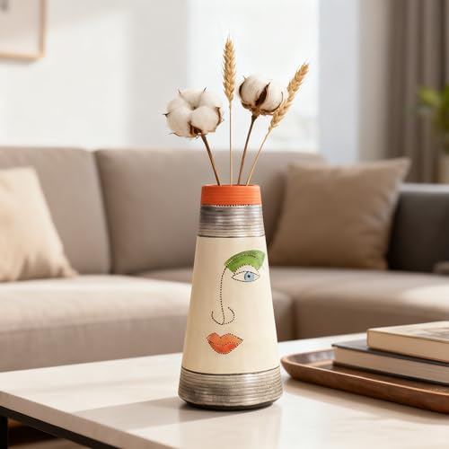 Image of Aakriti Art Creations Abstract Face Terracotta Vase | Handmade Multicolor Matte Decorative Flower Vase | Modern Art Vase for Living Room Table Decor & Housewarming Gift