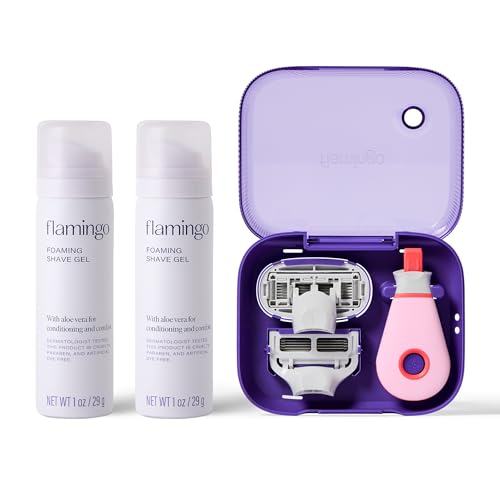 Flamingo Travel Razor Kit for Women - Body & Pubic Razor - Mini Handle, 2 Blade Refills, 2 Travel Size Foaming Shave Gels, and Vented Travel Case