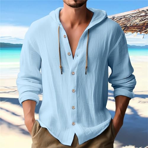 Cotton Linen Button Down Shirt for Men Long Sleeve Oversized Outdoors Cardigan Casual Drawstring Solid Travel Hoodie3