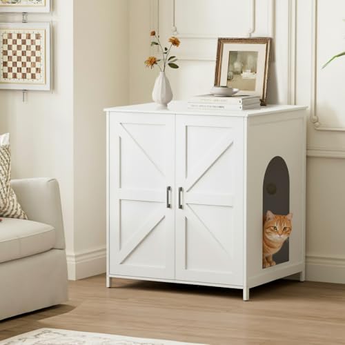 Homhedy Extra-Large Cat Litter Box Enclosure, for Placing Litter Robot 3/4, Self Cleaning Litter Box Cabinet, Wooden Cat Washroom Furniture with Barn Door, Pet House, White