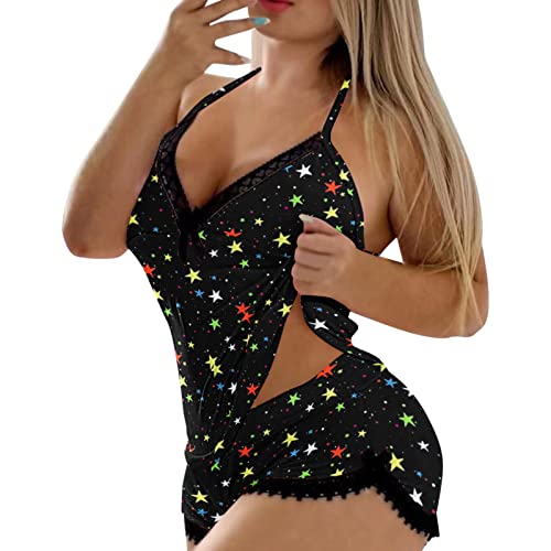 Womens Sexy Leopard Star Printing Camisole Shorts 2 Piece Set Sleepwear Lace Backless Trim Satin Pajama Shorts #TOP3