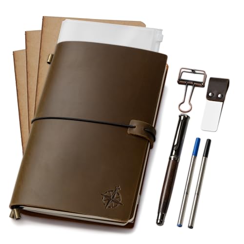 WANDERINGS Cuaderno de Viaje A5 / Diario de Cuero Genuino Hecho a Mano - 22x15 cm Incluye un Portalápices con Bolígrafo y 2 Recargas de Tinta Adicionales, una Carpeta de PVC y un Clip Sujetapapeles