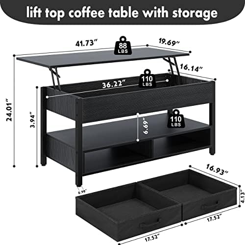 Ej.Victor Coffee Table, Lift Top Coffee Table with Storage Shelf and Pop up Adjustable Lift Tabletop, 41.7" Wooden Coffee Tables for Living Room with 2 Drawers and Hidden Compartment(Black)