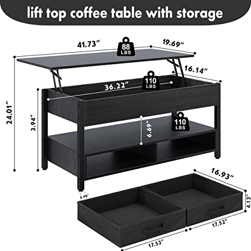 Cbbpet Lift Top Coffee Table, 41.7" Coffee Tables For Living Room, Living Room Tables With 2 Storage Drawers And Hidden Compartment - Black #TOP6