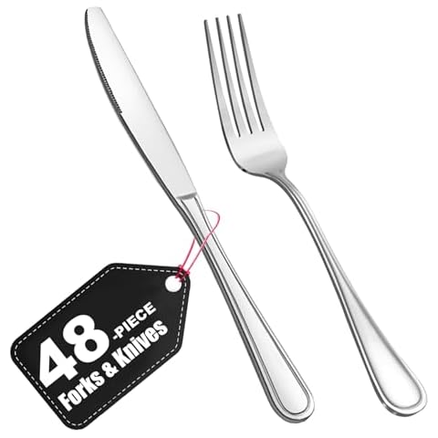 BEWOS 48 Pieces Dinner Forks Set and Dinner Knives, 24 Pieces Forks Silverware (7.9 Inch), 24 Pieces Dinner Knife Set (8.9 Inch), Food Grade Stainless Steel, Dishwasher Safe, Mirror Polished Cover
