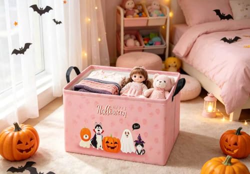 Image of Halloween Basket Cute Baskets for Kids Pumpkin Basket Rectangular Storage Bin Organizer Box Room Decor(Pink Dog Halloween)