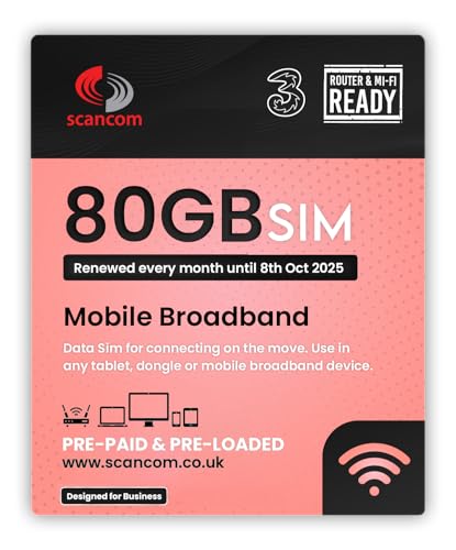 Three 80GB Data SIM – Uncapped 5G Speeds – Preloaded EVERY MONTH Until 8th OCTOBER 2025 – No Contract – Plug & Play for Business Broadband, Routers & Phones