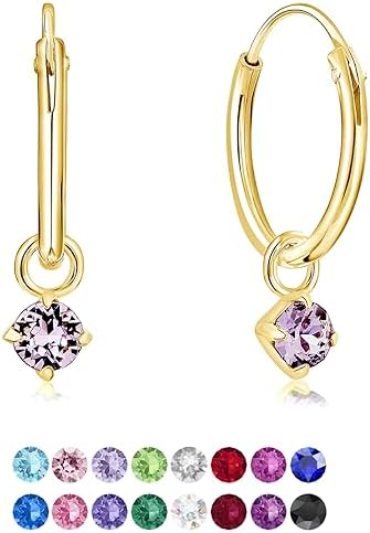 DTPsilver® 925 Sterling Silver Yellow Gold Plated SMALL Hoops Earrings & Round Dangling 3 mm Crystals from Swarovski® Elements - Thickness 1.2 mm - Diameter: 12 mm