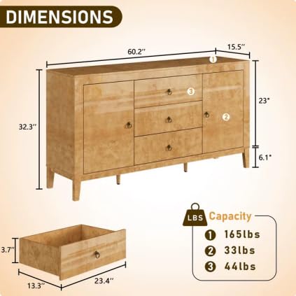 Image of LUXOAK 60 inch Glossy Burl Wood Sideboard Buffet with Storage