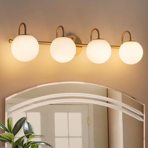 HUOKU Gold Bathroom Vanity Light, 31" Modern Dimmable 4-Light Bathroom Light Fixture Over Mirror, Globe Vanity Light with Frosted Glass Shade Globe Wall Sconce