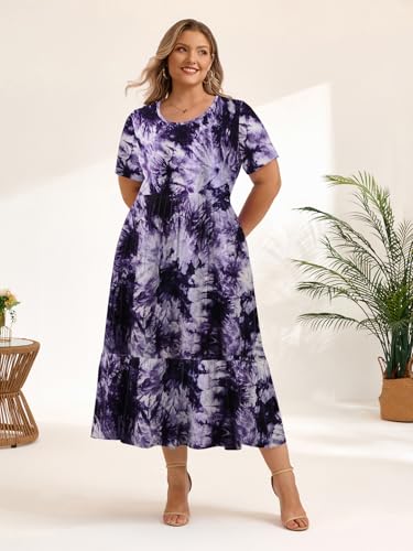 Image of LARACE Plus Size Dresses for Women Summer Casual Short Sleeve Long Dress Flowy Maxi Beach Dresses with Pockets L-6XL