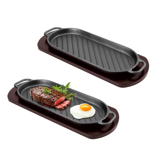 DVK Fajita Skillet Sizzling Plate with Wooden Base for Steak Plate Home Restaurant Kitchen Cooking (2PCS)