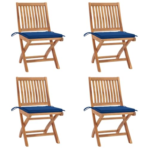 HFXHIJXQ Lot de 4 Chaises de Jardin Pliables en Teck Solide avec Coussins Bleu Royal, Chaises Extérieures Gain de Place pour Terrasse, Balcon, Salle à Manger et Café