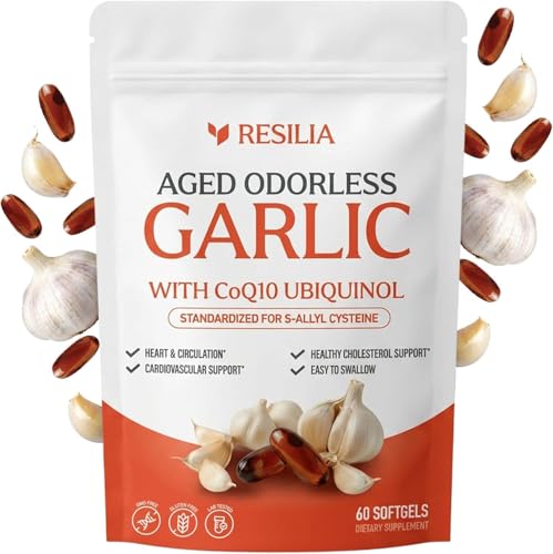 Resilia Odorless Aged Garlic Extract Softgels (60 Count) | 600mg Aged Garlic Extract Per Serving | with CoQ10 Ubiquinol & Vitamin K2 (MK-7) | Dietary Supplement