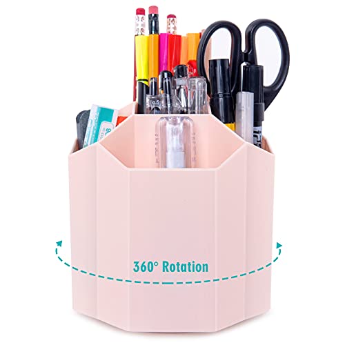 Bivisen Rotating Pen Holder, Multifunction Spinning 5 Slots Pen Cup Pencil Holder Stationery Desk Organizer for Office Home (Peach Pink)