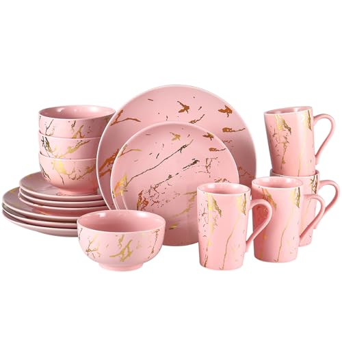 Loymokinar Porzellan-Geschirr-Set, 16-teilig für 4 Personen, Rosa mit...
