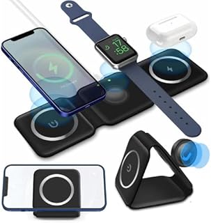 Quipcore 3 in 1 Foldable Wireless Charging Charger Station, 15W MagSafe Compatible with iPhone 14/13/12/SE/11/XS/8,Samsung Galaxy, Apple Watch and AirPods (Black)