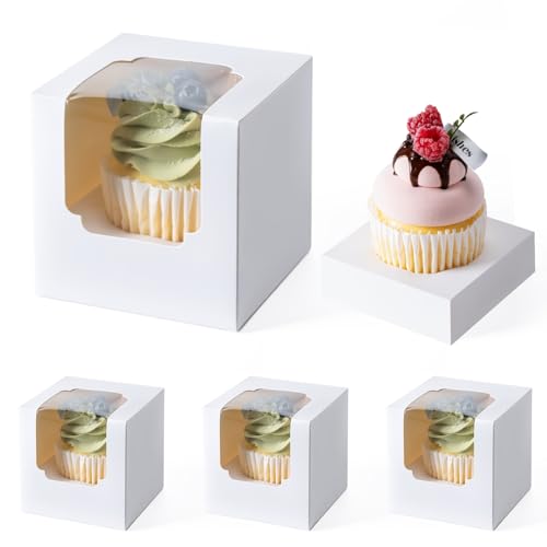 Hoewina 28PCS Cupcake Boxes, Individual Cupcake Containers with Window, Food Grade Cupcake Holders Carrier with Inserts, Stackable Deep Cake Box for Birthday Holiday Party Bakery Supplies (White)