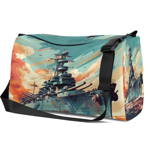 Leather Travel Duffle Bag for Women Men, Ocean Warship Small Sports Gym Bag Weekender Overnight Bags Underseat Carry on Luggage Bags for Airplanes, Personal Item Travel Bag,B-10063