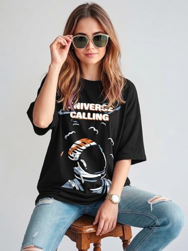 Image of LEOTUDE Women's Oversized Printed Round Neck Half Sleeve Baggy Fit Drop Shoulder Korean Style Oversized T-Shirt for Women's (Color: Black)