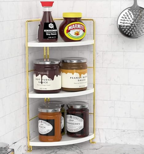 Image of Kitchen Organizer Rack | Corner Shelf For Kitchen | Bathroom Organiser Stand With 3-Tier Metal Frame For Storage & Display (Gold-3Tier-Triangle)